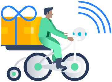 小包を乗せて自転車に乗る人のイラスト